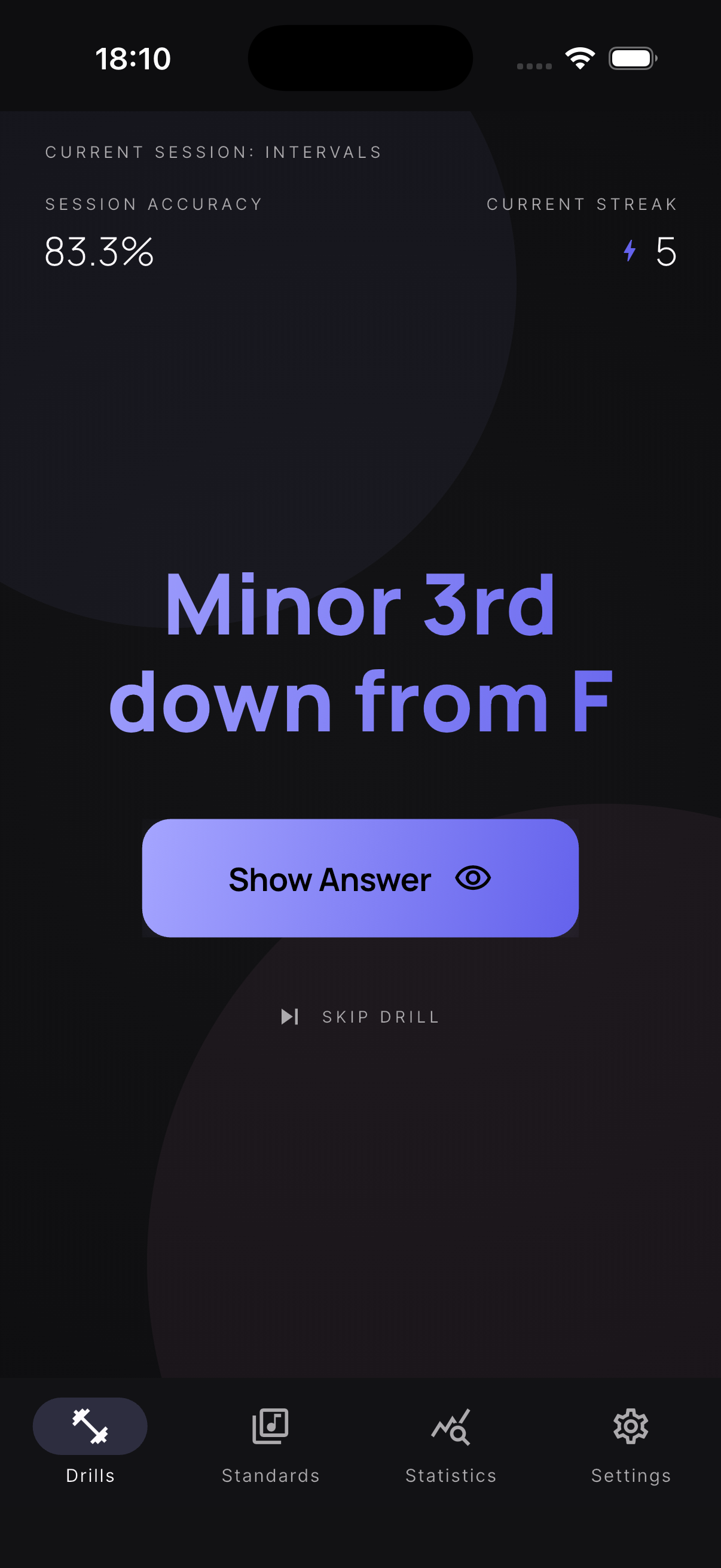 Woodshed Drills on iPhone: interval drill with session stats and Show Answer.